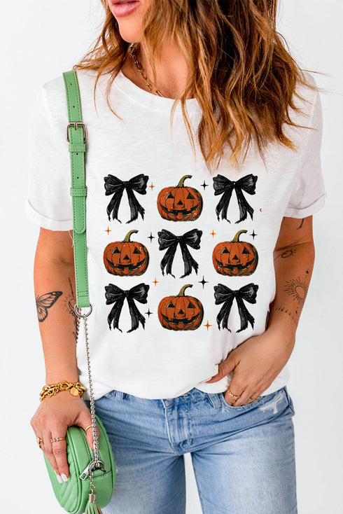 Playful Pumpkin And Bow Graphic Print Crew Neck Tee