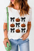 Playful Pumpkin And Bow Graphic Print Crew Neck Tee
