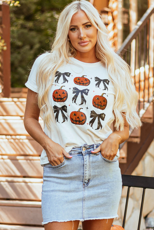 Playful Pumpkin And Bow Graphic Print Crew Neck Tee