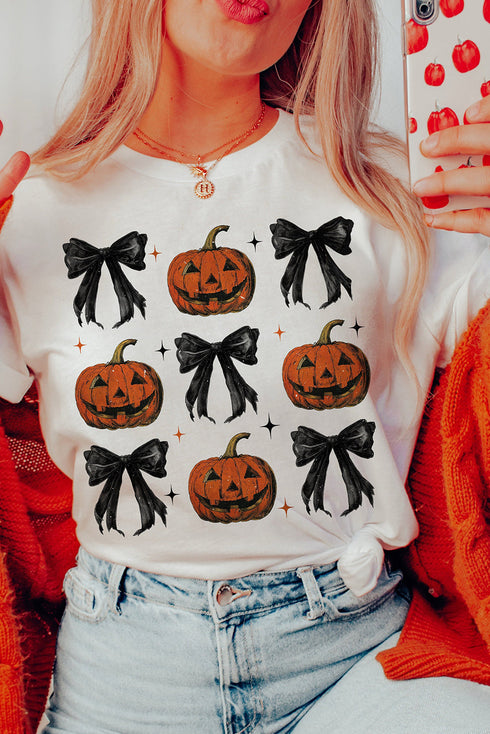 Playful Pumpkin And Bow Graphic Print Crew Neck Tee