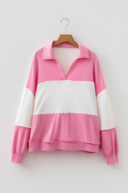 Playful Ricrac Trim Patchwork Collar V Neck Top