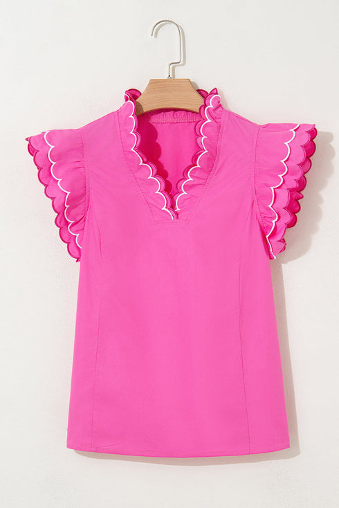 Playful Scalloped Edge Detail Layered Flutter Sleeve V Neck Top