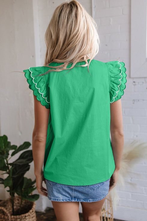Playful Scalloped Edge Detail Layered Flutter Sleeve V Neck Top