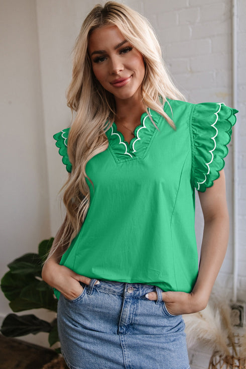 Playful Scalloped Edge Detail Layered Flutter Sleeve V Neck Top