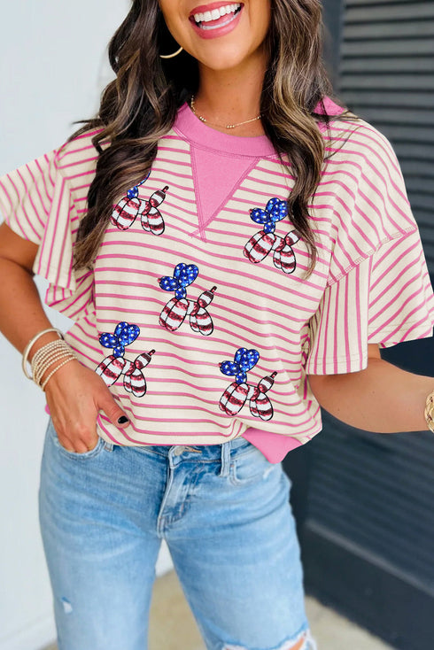 Playful Sequin Balloon Dog Patriotic Striped Ruffle Sleeve Sweatshirt