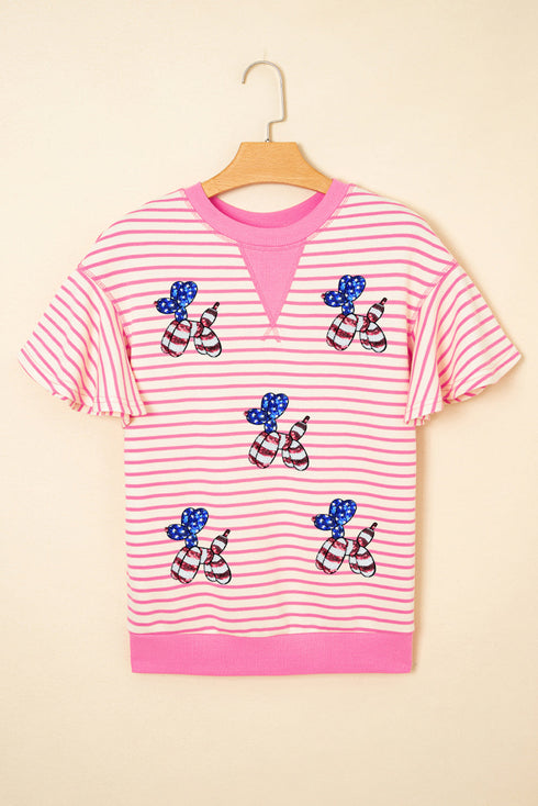 Playful Sequin Balloon Dog Patriotic Striped Ruffle Sleeve Sweatshirt