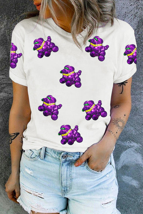 Playful Sequin Balloon Dog Print Crew Neck Tee