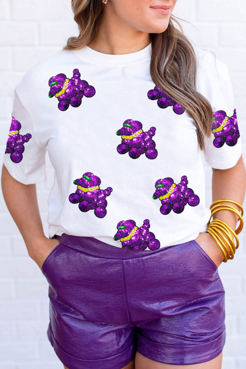 Playful Sequin Balloon Dog Print Crew Neck Tee