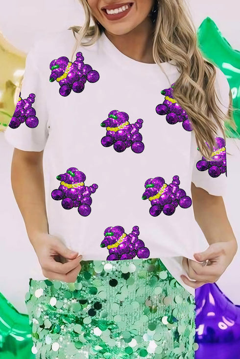 Playful Sequin Balloon Dog Print Crew Neck Tee