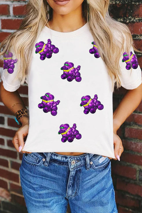 Playful Sequin Balloon Dog Print Crew Neck Tee