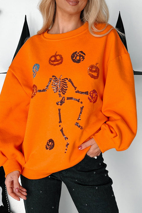 Playful Skeleton And Pumpkin Graphic Pullover Sweatshirt