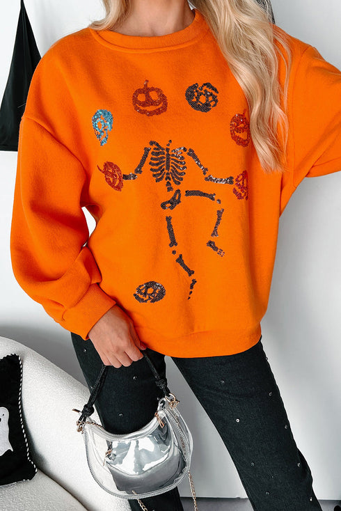 Playful Skeleton And Pumpkin Graphic Pullover Sweatshirt