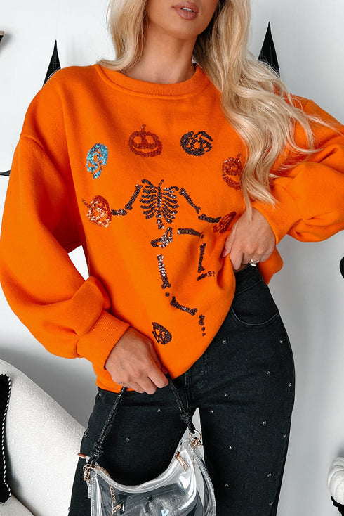 Playful Skeleton And Pumpkin Graphic Pullover Sweatshirt