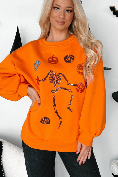 Playful Skeleton And Pumpkin Graphic Pullover Sweatshirt