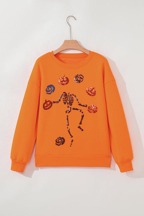 Playful Skeleton And Pumpkin Graphic Pullover Sweatshirt