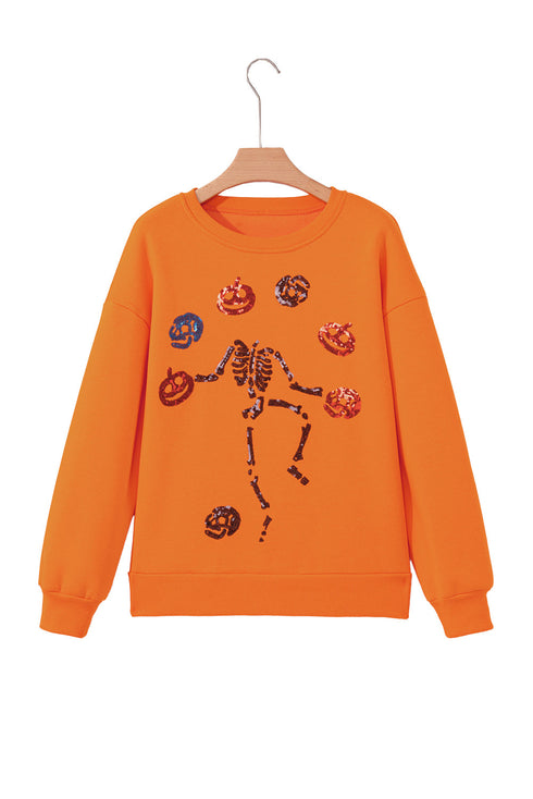 Playful Skeleton And Pumpkin Graphic Pullover Sweatshirt