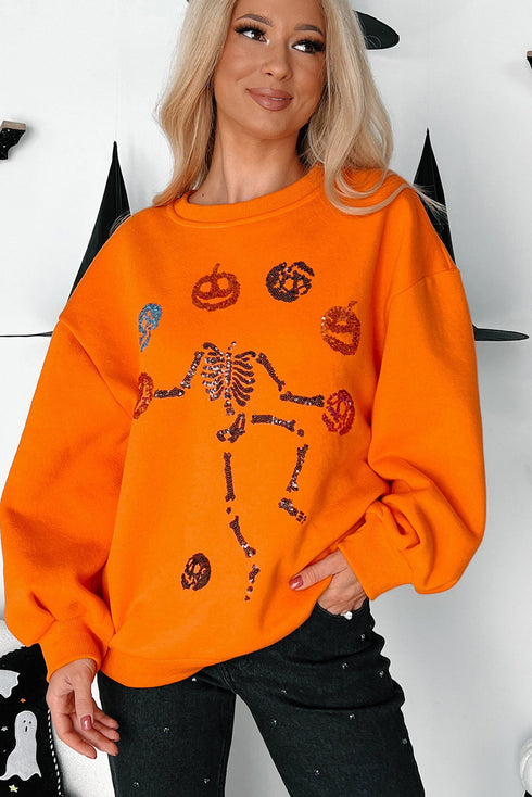 Playful Skeleton And Pumpkin Graphic Pullover Sweatshirt