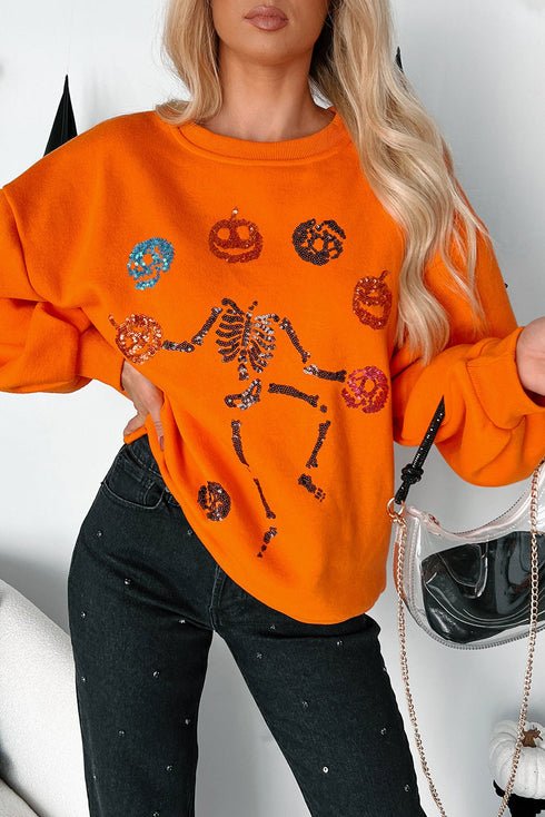 Playful Skeleton And Pumpkin Graphic Pullover Sweatshirt