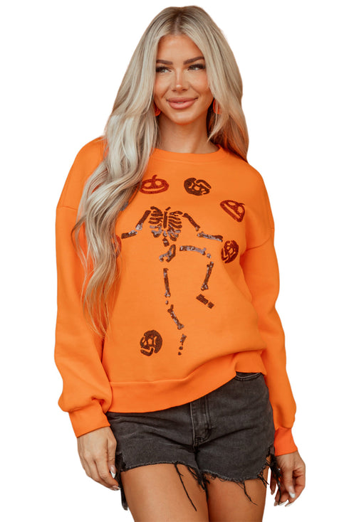 Playful Skeleton And Pumpkin Graphic Pullover Sweatshirt