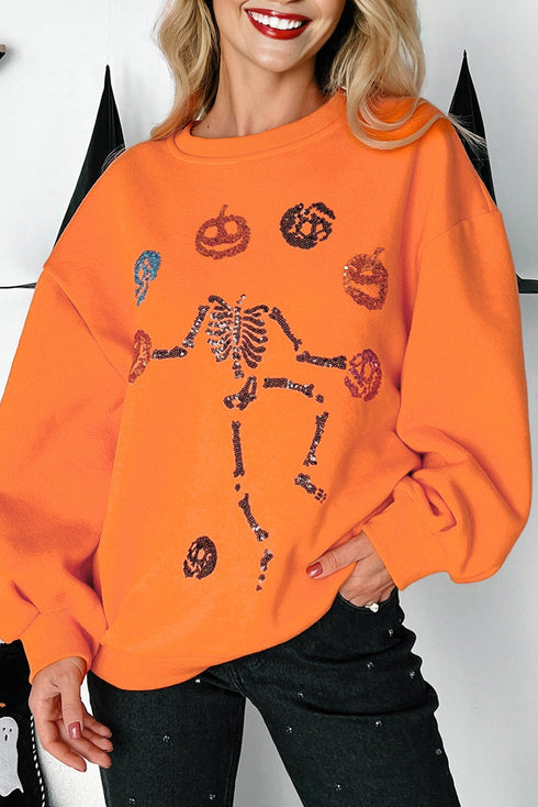 Playful Skeleton And Pumpkin Graphic Pullover Sweatshirt