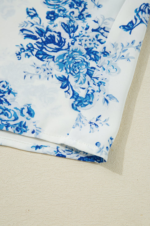 Pleated Bust Floral Puff Sleeve Button Down Southern Belle Blouse