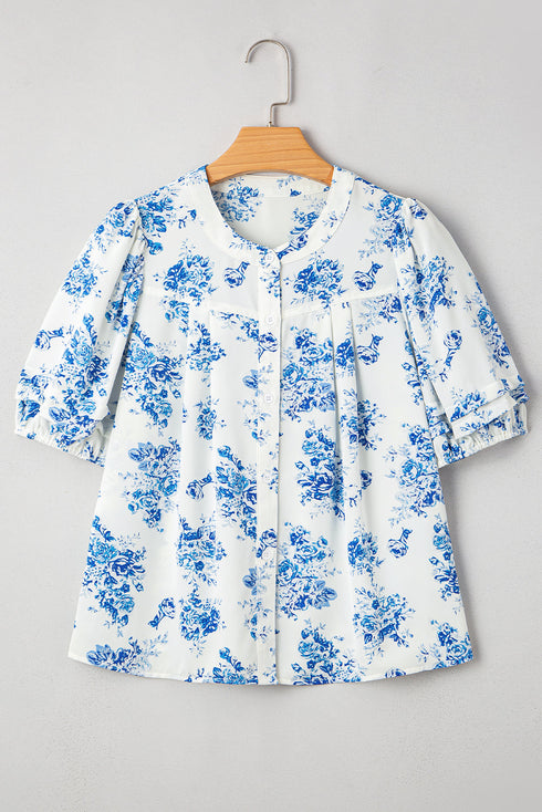 Pleated Bust Floral Puff Sleeve Button Down Southern Belle Blouse