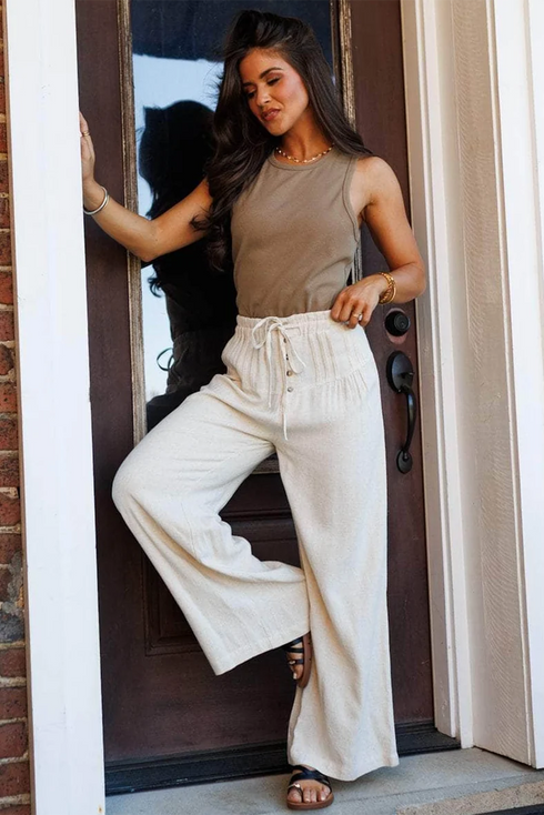 Pleated Button Detail Drawstring Wide Leg Pants