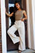 Pleated Button Detail Drawstring Wide Leg Pants