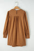 Pleated Corduroy Puff Sleeve Shift Mini Dress