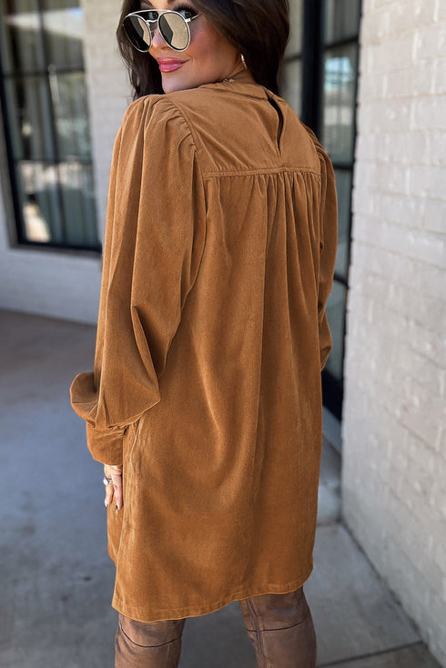 Pleated Corduroy Puff Sleeve Shift Mini Dress