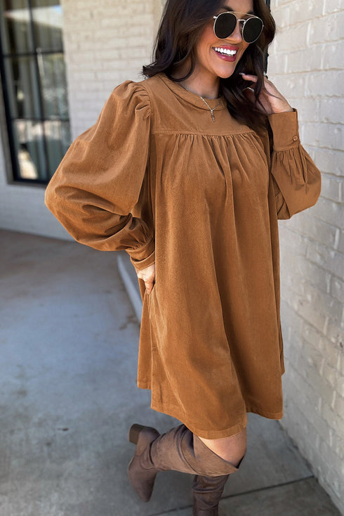 Pleated Corduroy Puff Sleeve Shift Mini Dress
