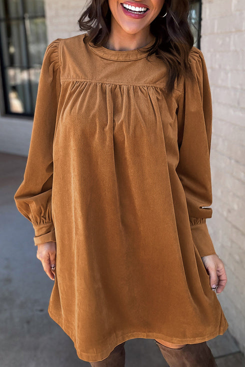 Pleated Corduroy Puff Sleeve Shift Mini Dress