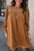 Pleated Corduroy Puff Sleeve Shift Mini Dress