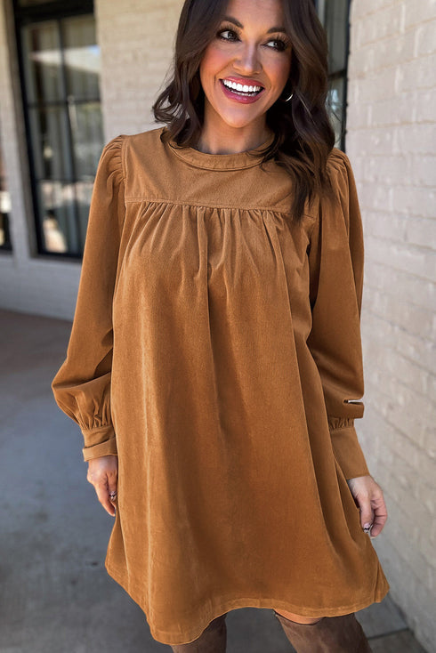 Pleated Corduroy Puff Sleeve Shift Mini Dress