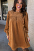 Pleated Corduroy Puff Sleeve Shift Mini Dress