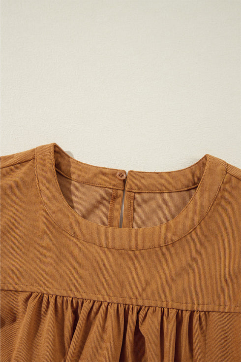 Pleated Corduroy Puff Sleeve Shift Mini Dress