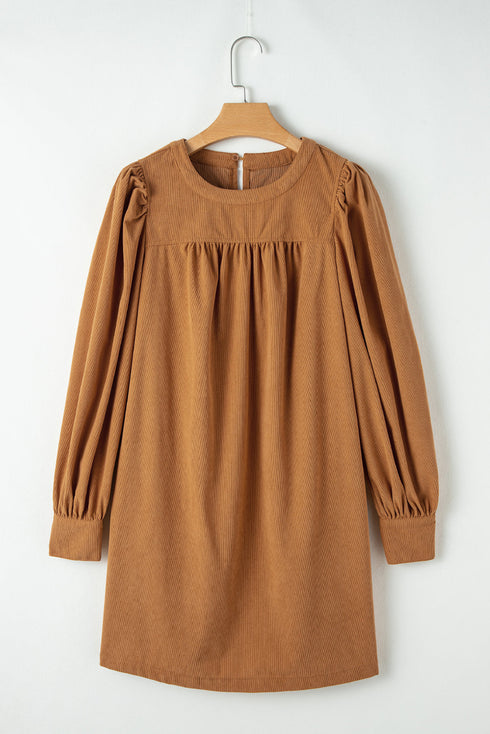 Pleated Corduroy Puff Sleeve Shift Mini Dress