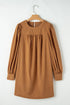 Pleated Corduroy Puff Sleeve Shift Mini Dress
