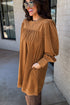 Pleated Corduroy Puff Sleeve Shift Mini Dress