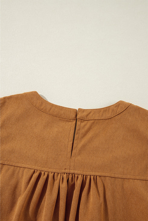 Pleated Corduroy Puff Sleeve Shift Mini Dress