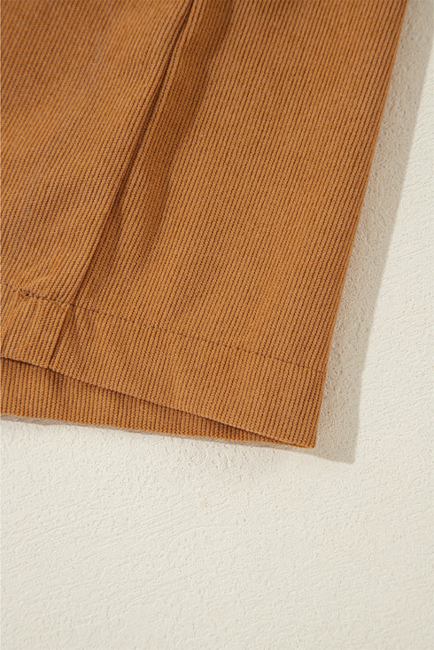 Pleated Corduroy Puff Sleeve Shift Mini Dress