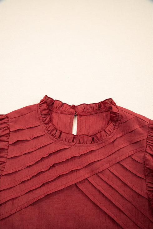 Pleated Detail Ruffle Sleeve Viscose Blend Blouse