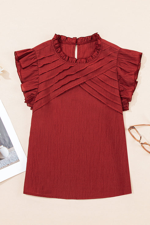 Pleated Detail Ruffle Sleeve Viscose Blend Blouse