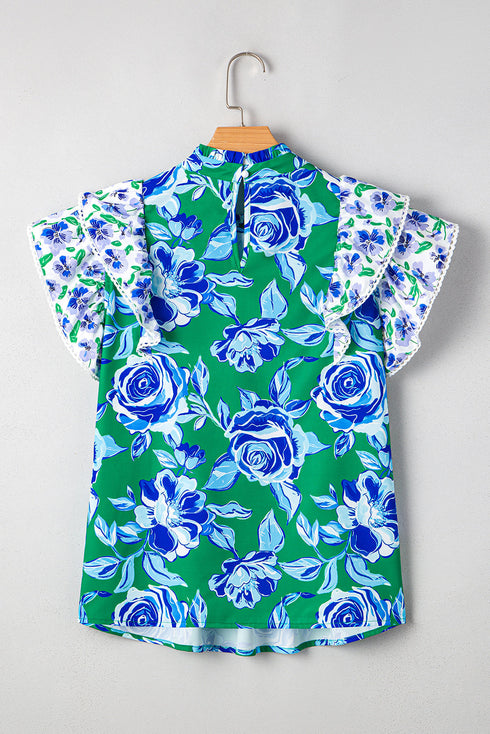 Pleated Floral Blouse with Lace Trim Ruffle Sleeves and Loose Fit