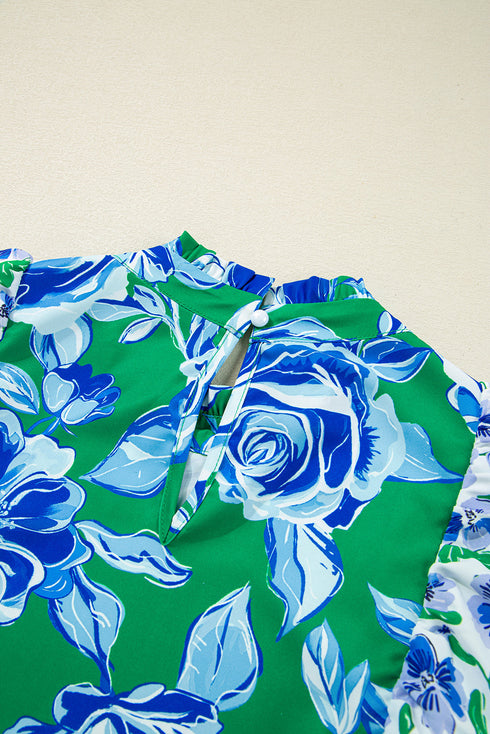 Pleated Floral Blouse with Lace Trim Ruffle Sleeves and Loose Fit