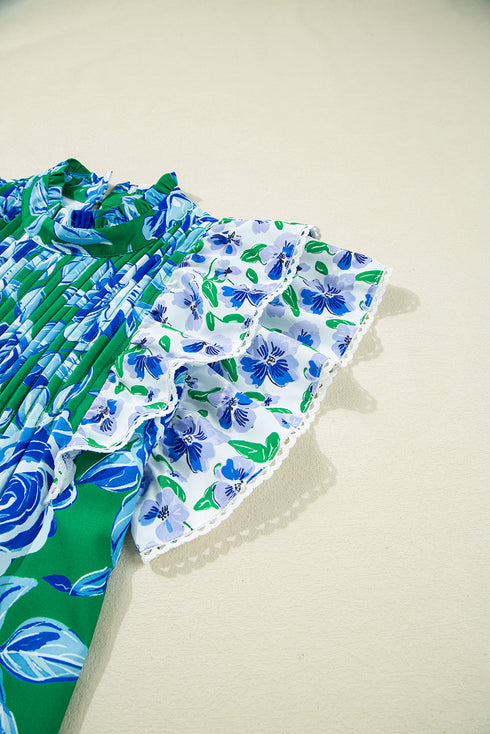 Pleated Floral Blouse with Lace Trim Ruffle Sleeves and Loose Fit