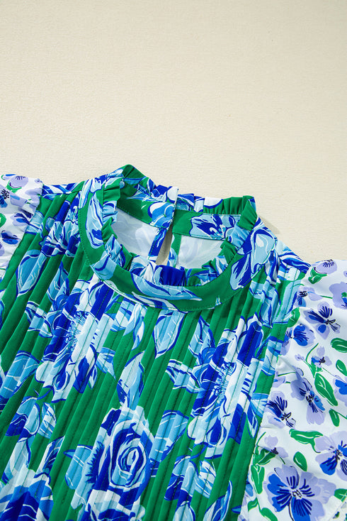 Pleated Floral Blouse with Lace Trim Ruffle Sleeves and Loose Fit