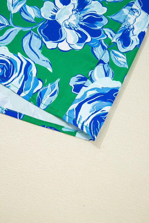 Pleated Floral Blouse with Lace Trim Ruffle Sleeves and Loose Fit