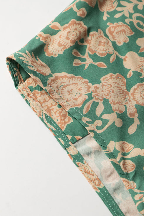 Pleated Floral Print Button Front Short Sleeve Viscose Blouse