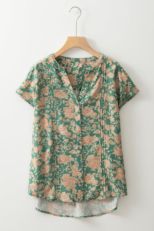 Pleated Floral Print Button Front Short Sleeve Viscose Blouse